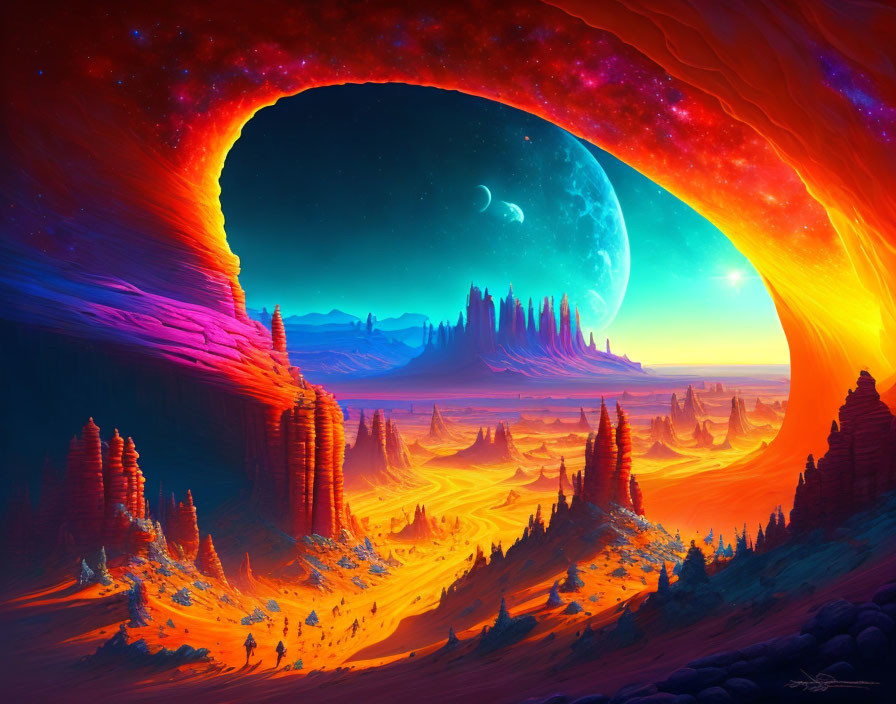 Vibrant sci-fi landscape with large arching structure and celestial backdrop