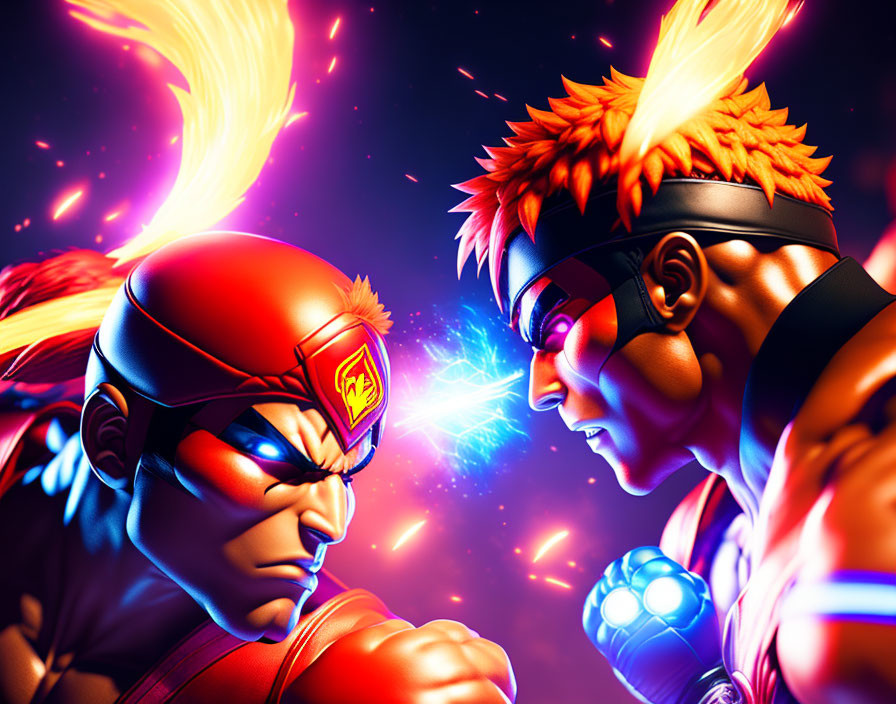 Animated characters with fiery hair and headbands in dynamic face-off.