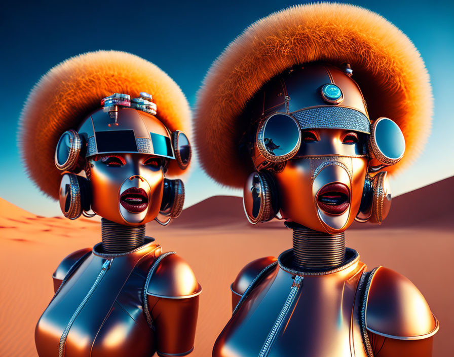 Futuristic female robots with ornate headgear in desert landscape