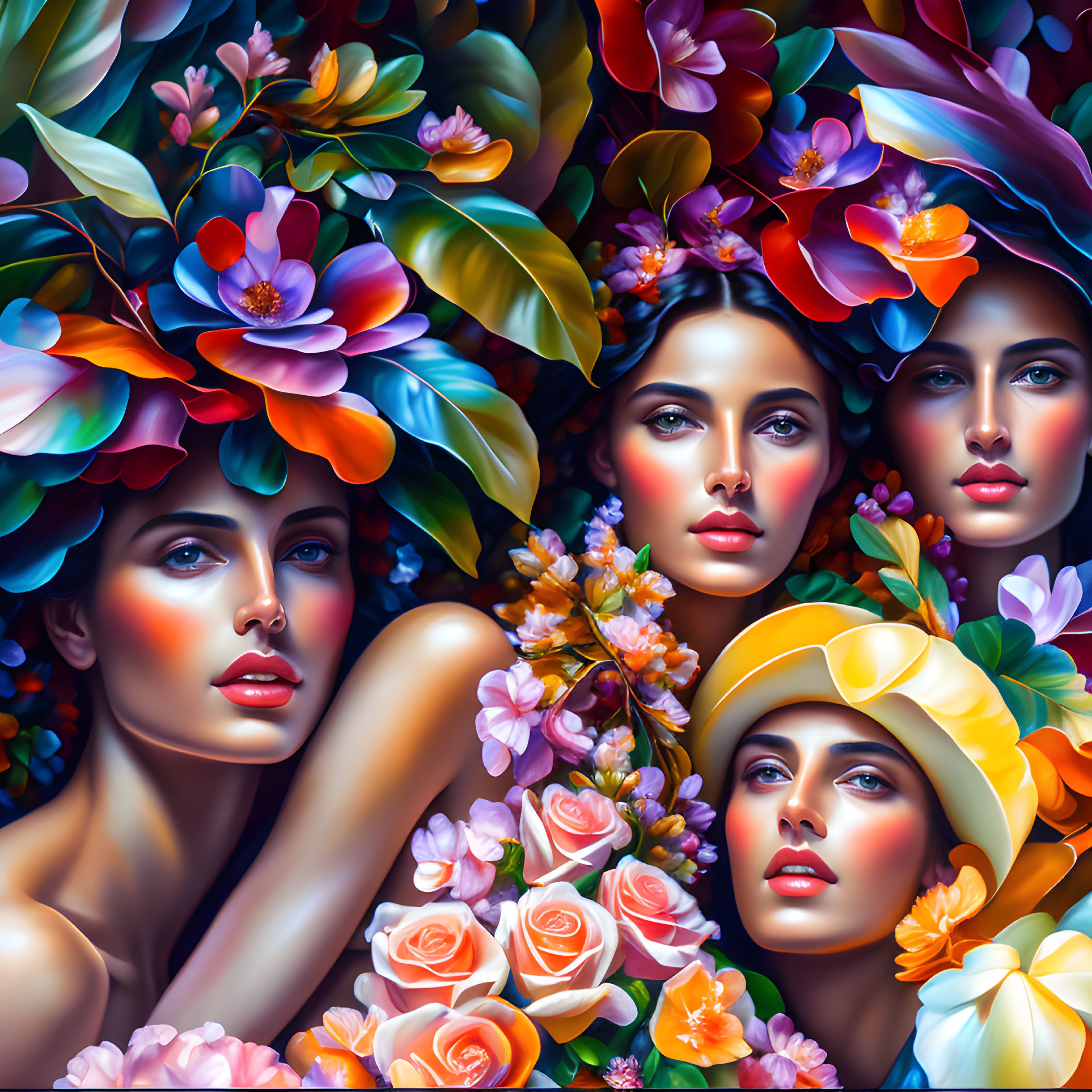 Four women with expressive eyes and floral headwear among vibrant flowers