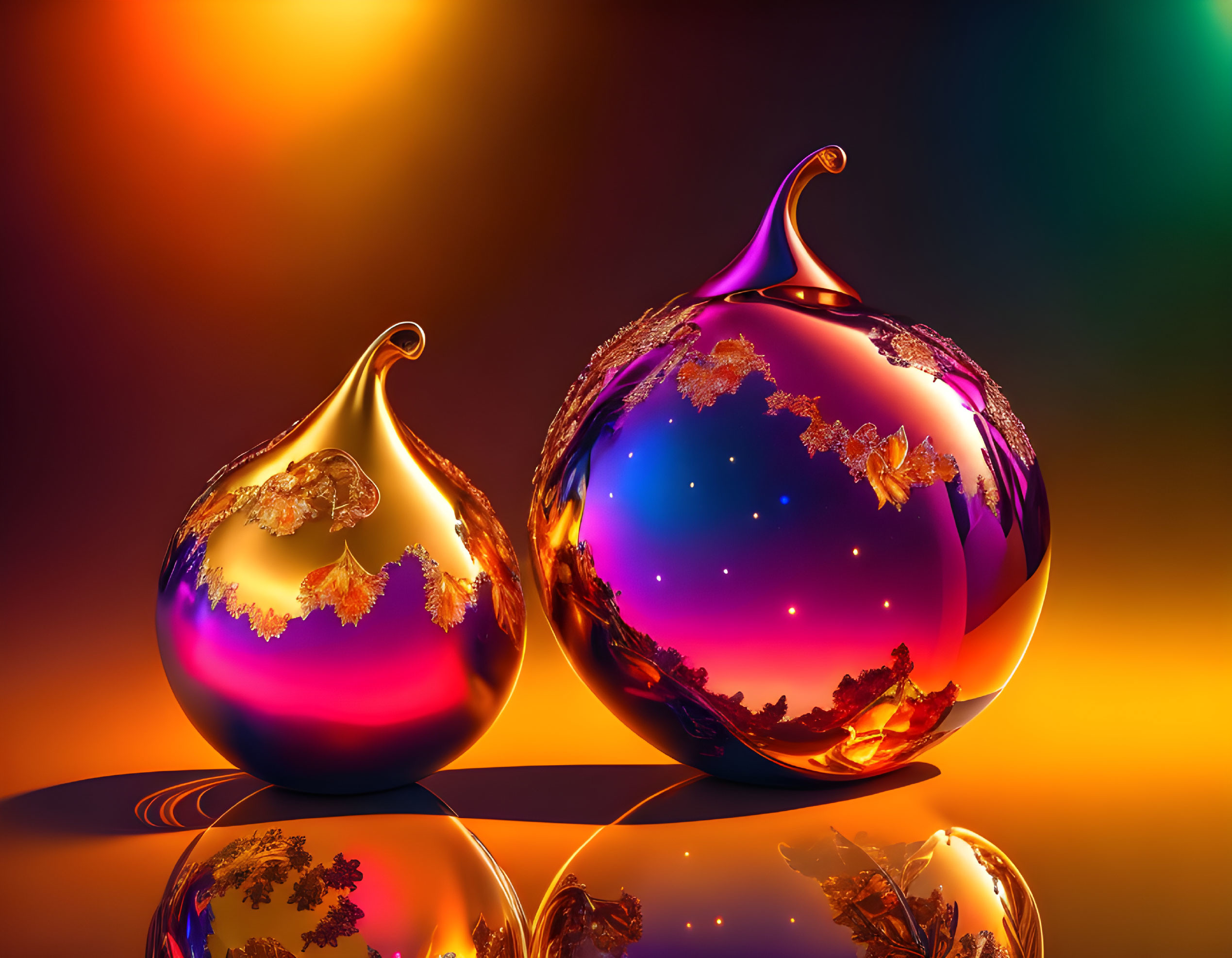 Reflective autumn leaf pattern spheres on vibrant background