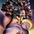 Surreal artwork: woman's profile merges with horse head in sunset sky