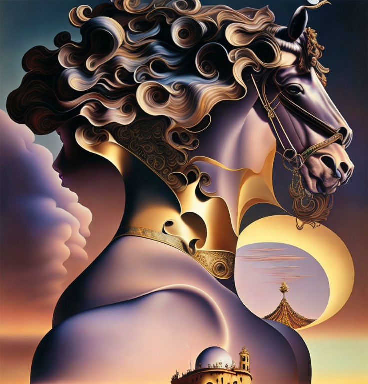 Surreal artwork: woman's profile merges with horse head in sunset sky