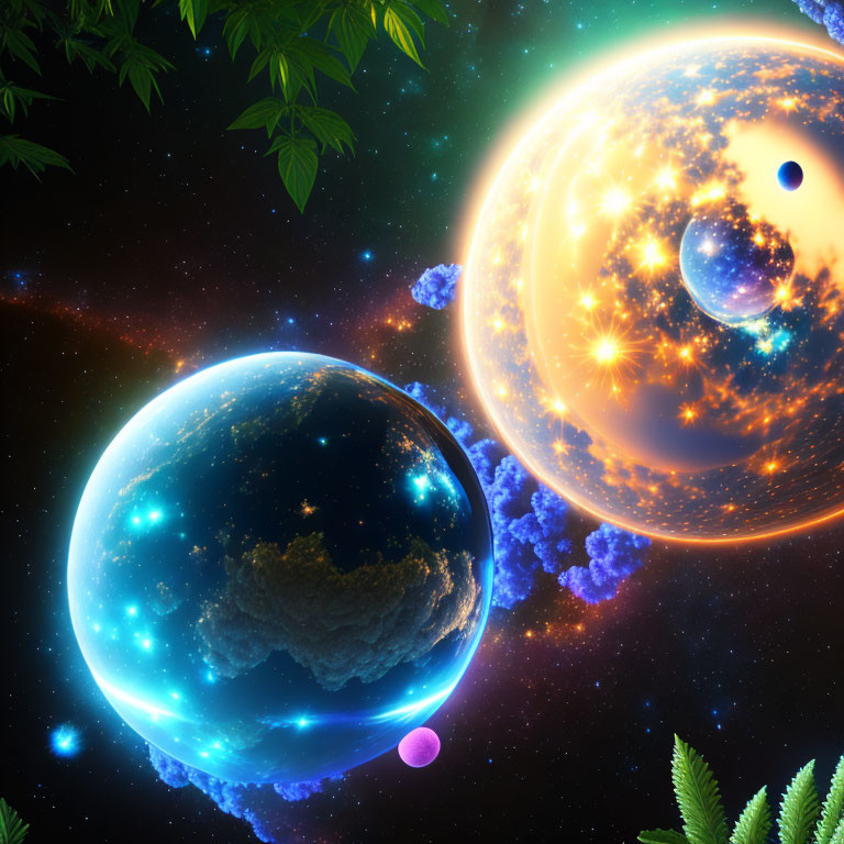 Colorful cosmic illustration: Earth-like planets, sun, moons, stars, and green foliage.