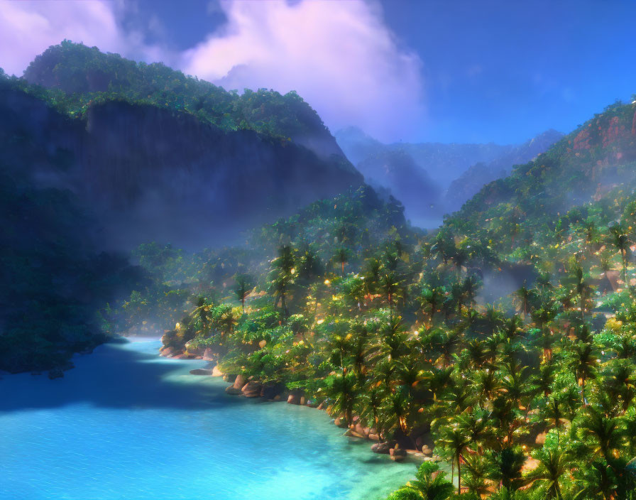 Tranquil Tropical River with Palm Trees and Misty Mountains