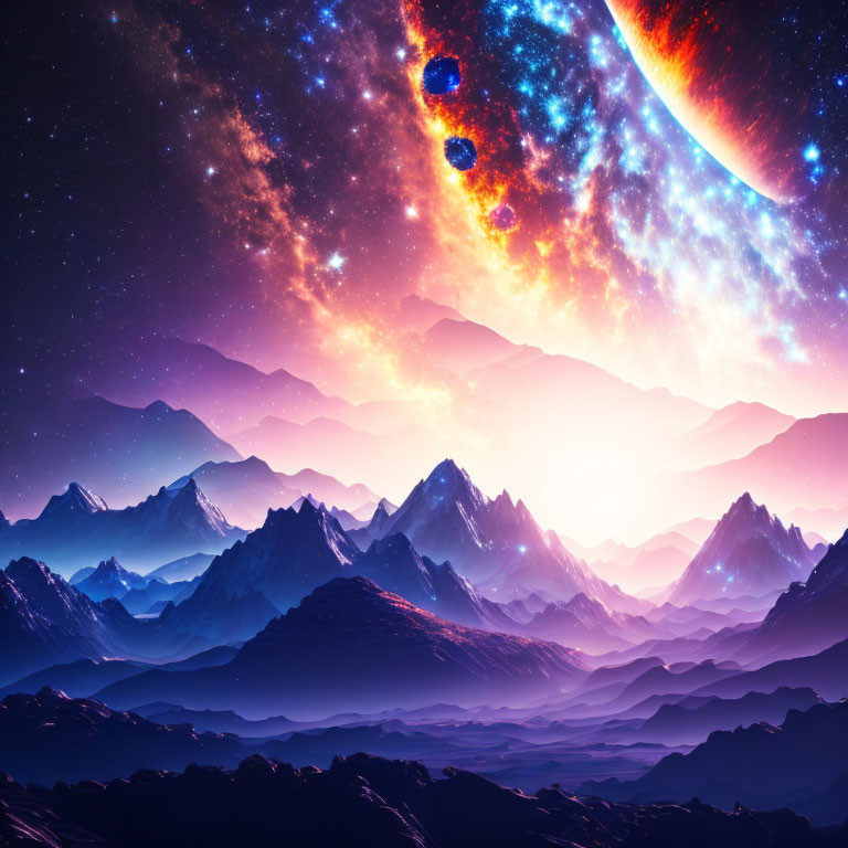 Vibrant star-filled cosmic landscape with looming planet and silhouetted mountains