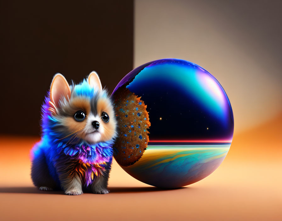 Fluffy puppy with cosmic reflection on glossy sphere in orange background