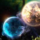 Colorful cosmic illustration: Earth-like planets, sun, moons, stars, and green foliage.