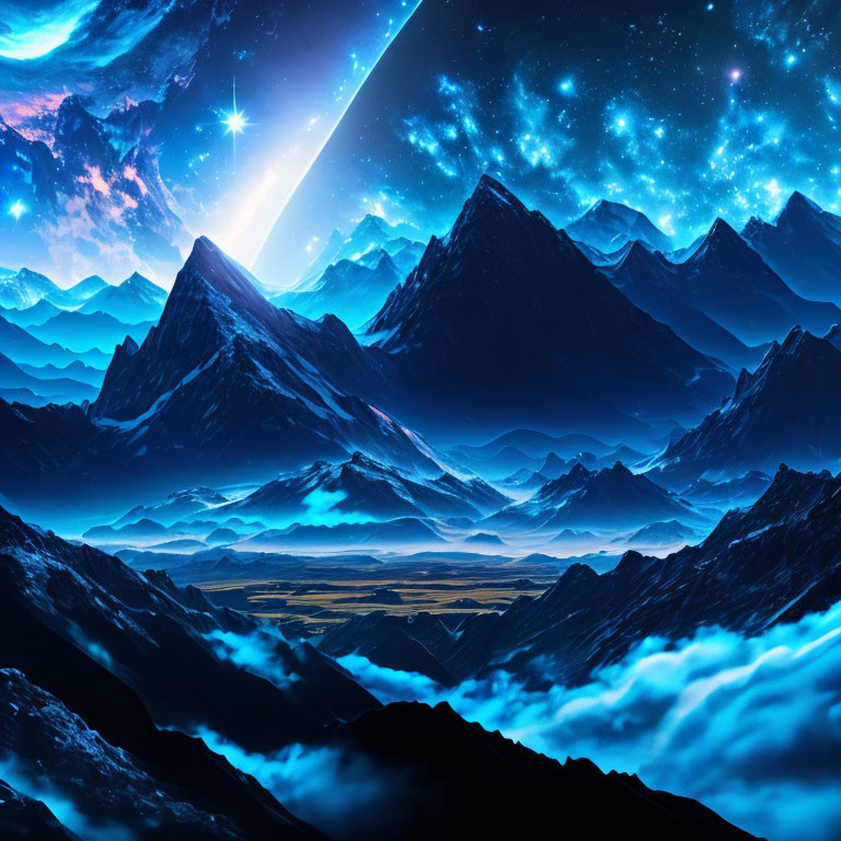 Fantastical Landscape with Mountains and Starry Sky