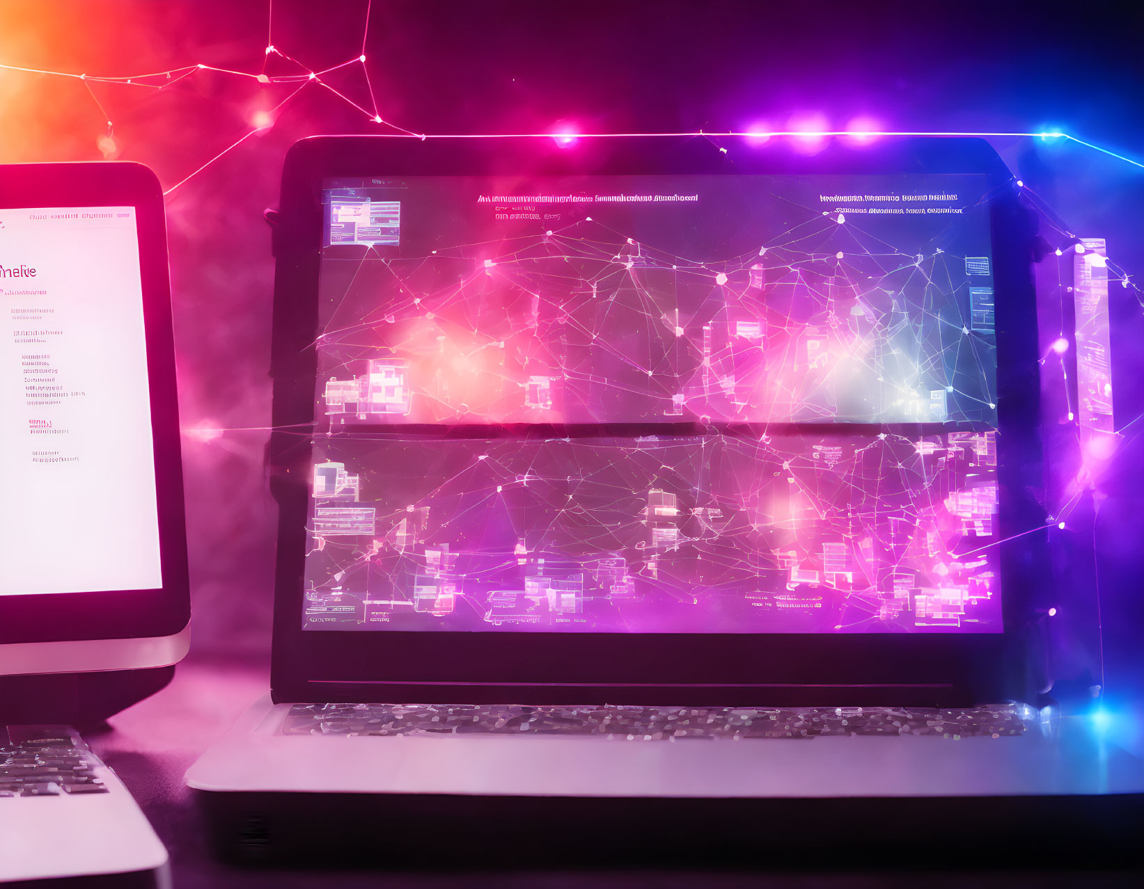 Colorful Backlit Laptop and Monitor in Vibrant Setting