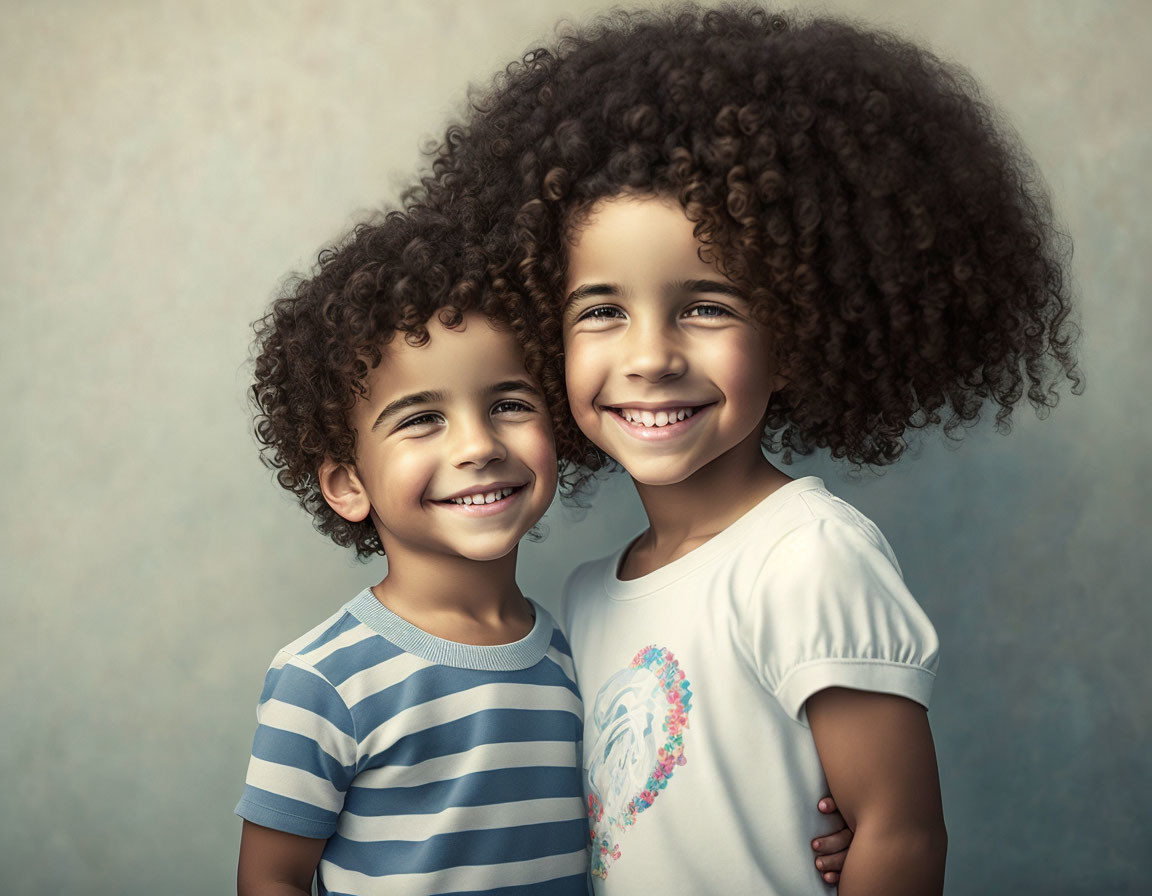 Smiling children with curly hair embracing in striped and white shirts