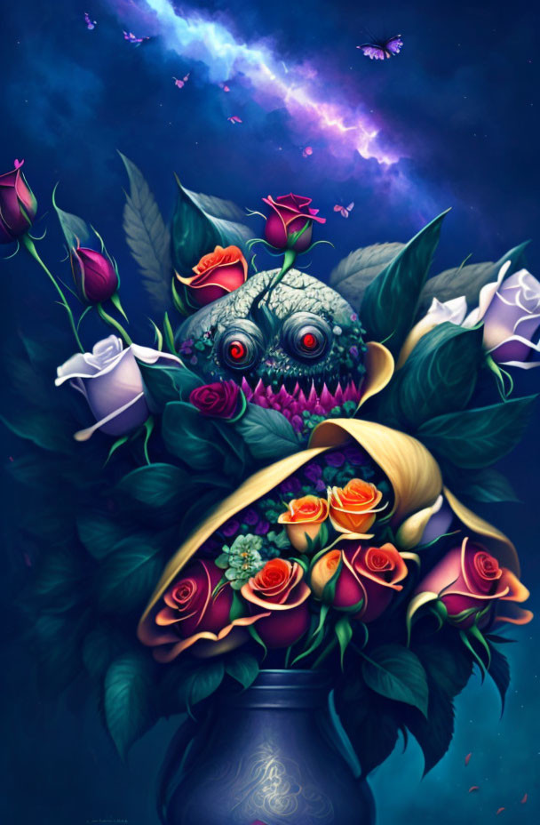 Colorful roses and fantastical creature in surreal digital artwork