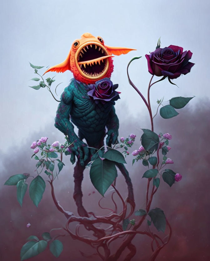 Fish-like creature with scaly body among flowers and dark rose in mouth on misty background