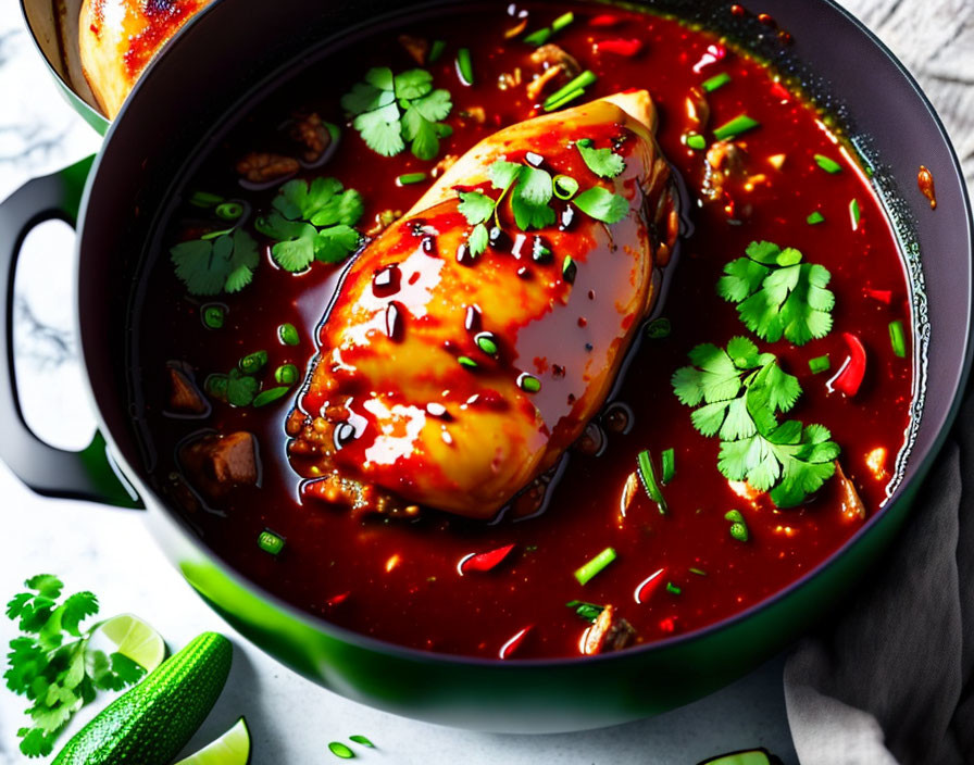 Glazed chicken breast with savory sauce, green onions, and cilantro in black skillet