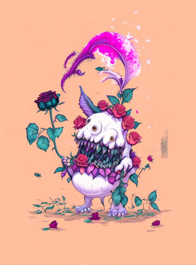 Whimsical creature with multiple eyes and sharp teeth under fantastical plant