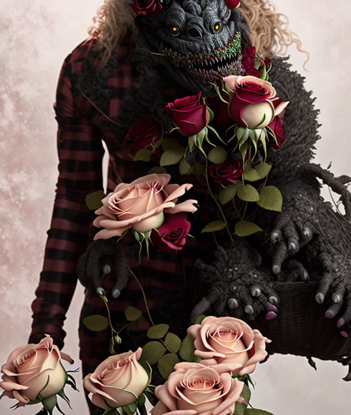 Scaly creature with crocodile-like features holding roses in plaid outfit.