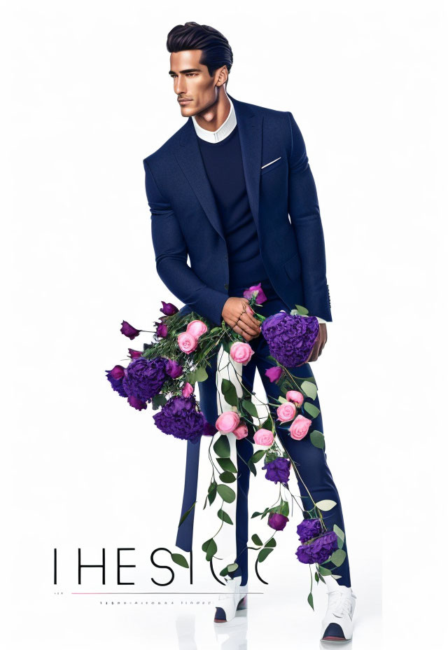 Stylized illustration of man in blue suit with bouquet on white background