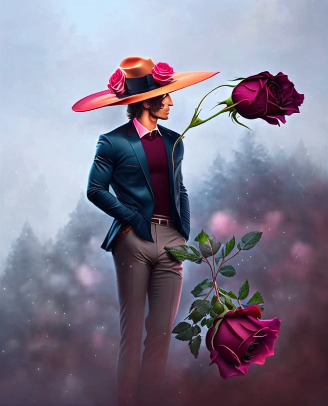 Man in suit with oversized pink hat and rose on misty pink background