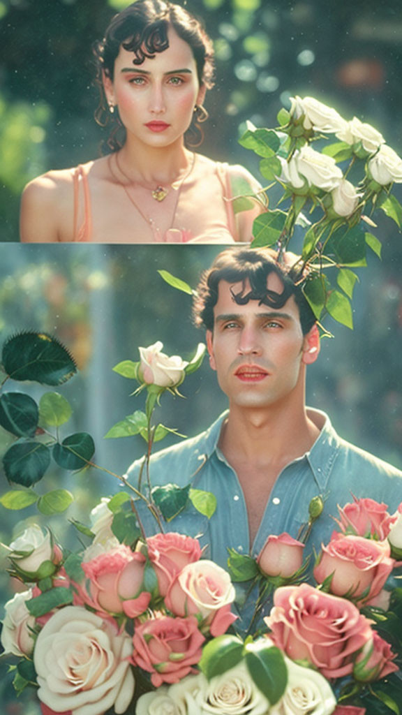 Man and woman posing with pink and white roses in front.