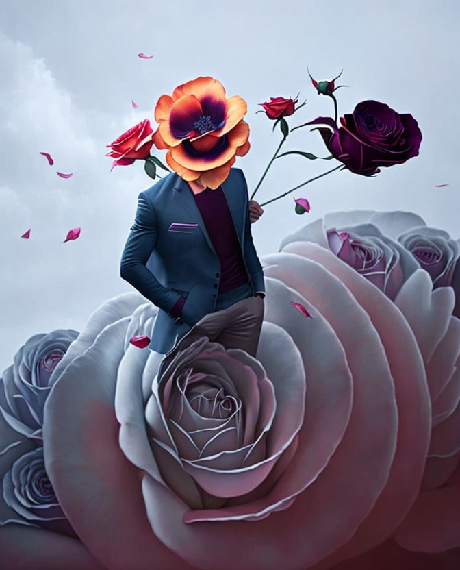 Surreal image of person with flower head in rose garden