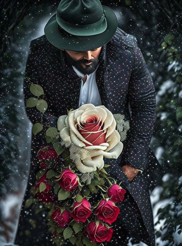 Stylish man in green hat and patterned suit with bouquet of red roses in snowflakes