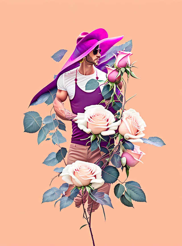 Person in Purple Hat with Pink Roses on Peach Background