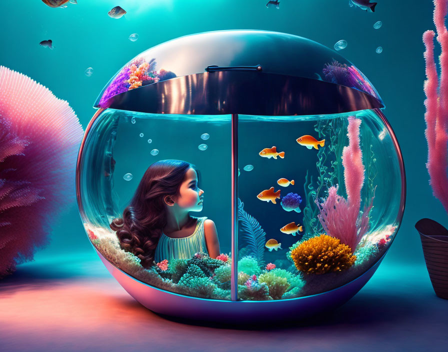 Young girl in spherical aquarium with colorful fish and corals