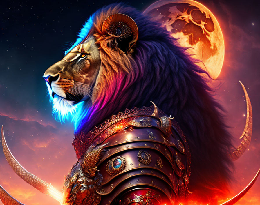 Colorful digital artwork: Armored lion with blue, purple, and orange mane in celestial setting.