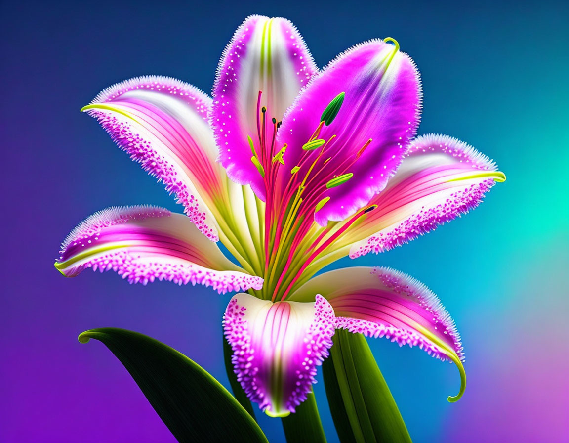 Colorful digital artwork: Lily with pink and white petals on blue-purple backdrop