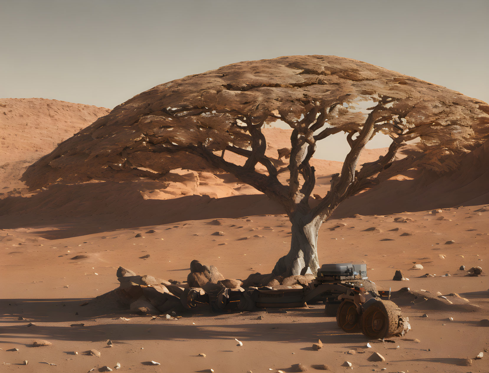 Desolate red desert landscape with lone tree and rover underneath