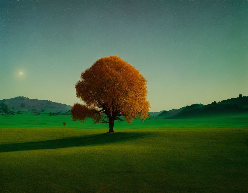 Orange tree in green field under twilight sky with moon and hill range