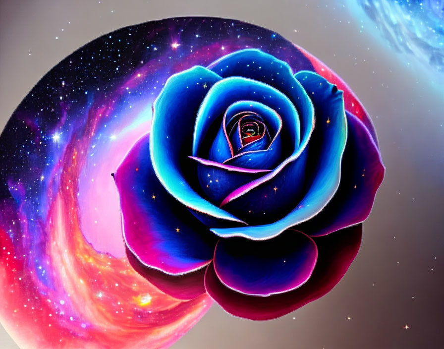 Cosmic-themed rose with blue and pink petals in galaxy setting