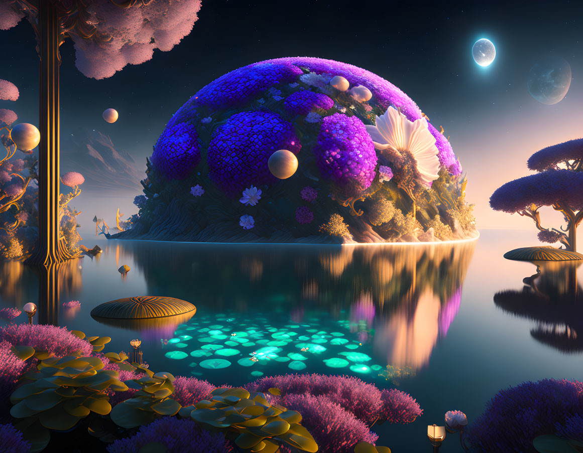 Ethereal landscape with bioluminescent hill, whimsical trees, reflective lake