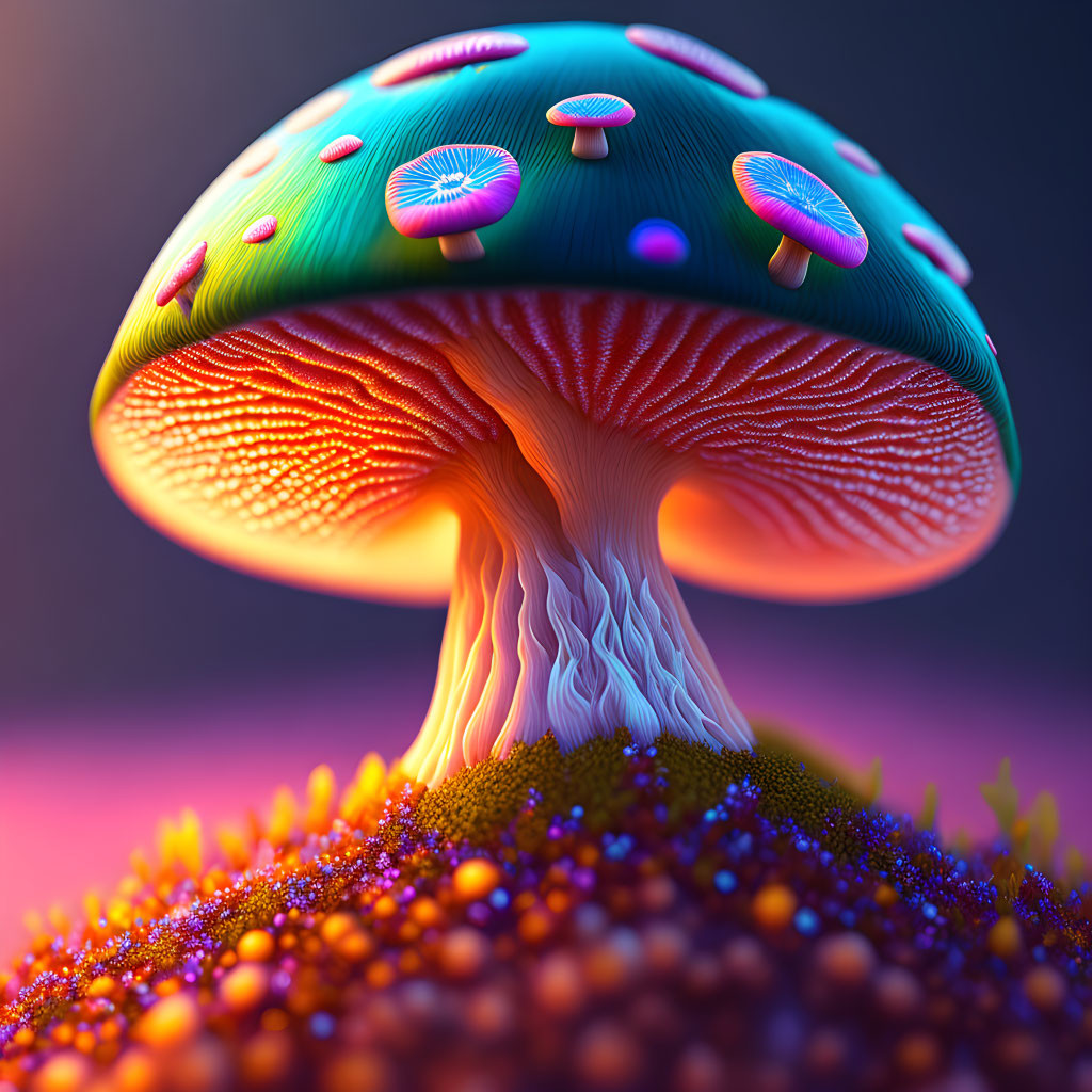 Colorful Fantasy Mushroom Illustration on Purple Background