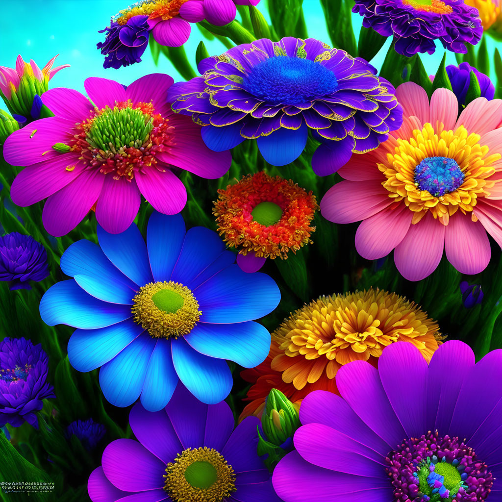 Colorful Flowers with Lush Greenery in Blue, Purple, Orange, and Yellow