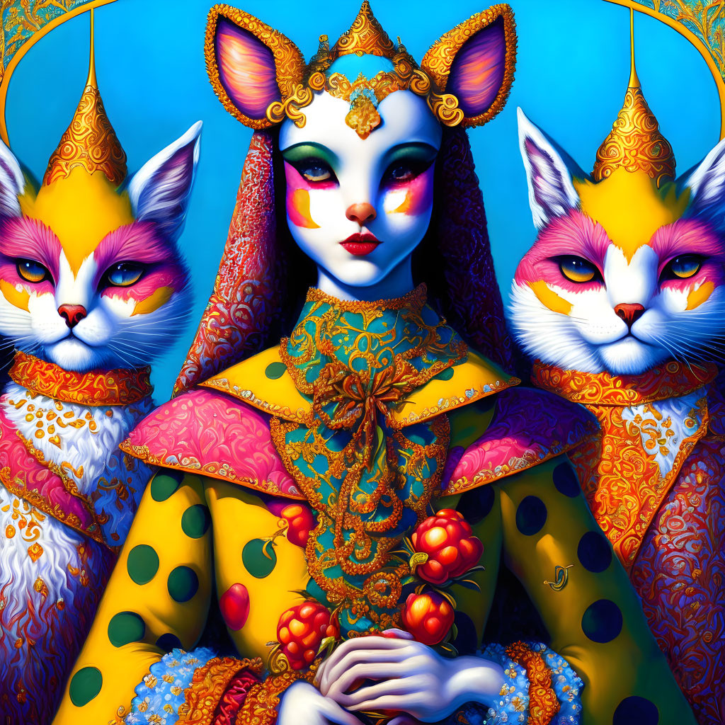 Regal anthropomorphic cats in colorful robes and headdresses on blue background