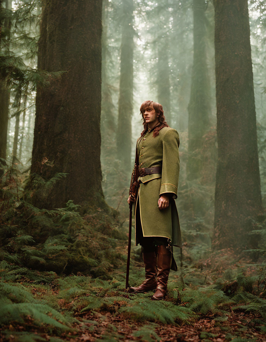 Medieval-style person with sword in misty forest surrounded by tall trees and green ferns