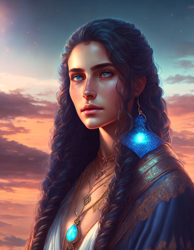 Digital portrait of woman with blue eyes and long wavy hair against sunset sky.