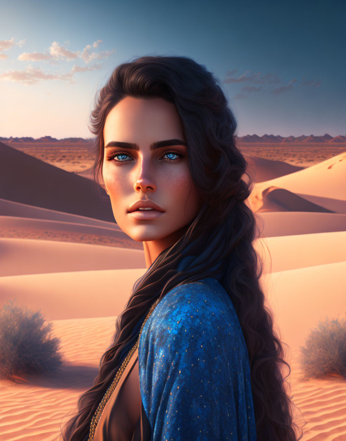 Digital artwork of woman with blue eyes and dark hair in desert landscape