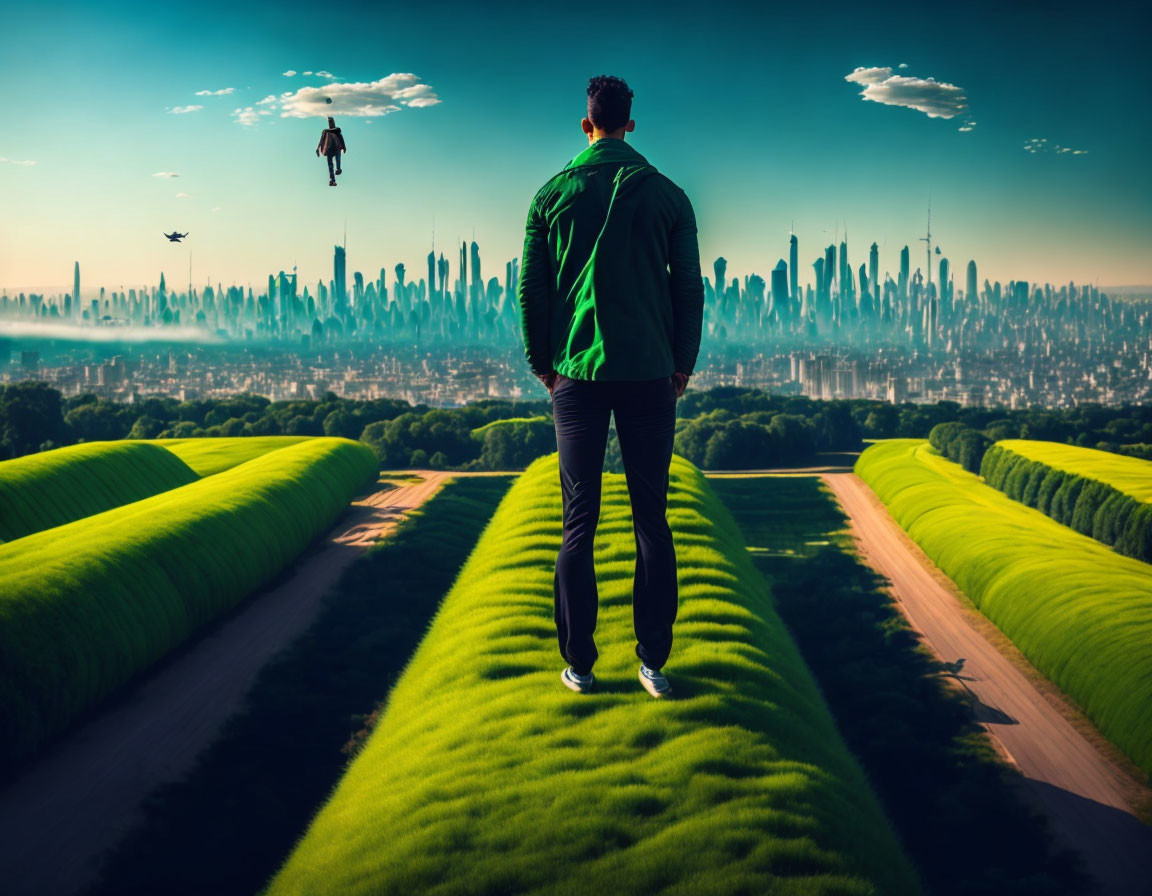 Man in Green Jacket Gazes at Futuristic Cityscape