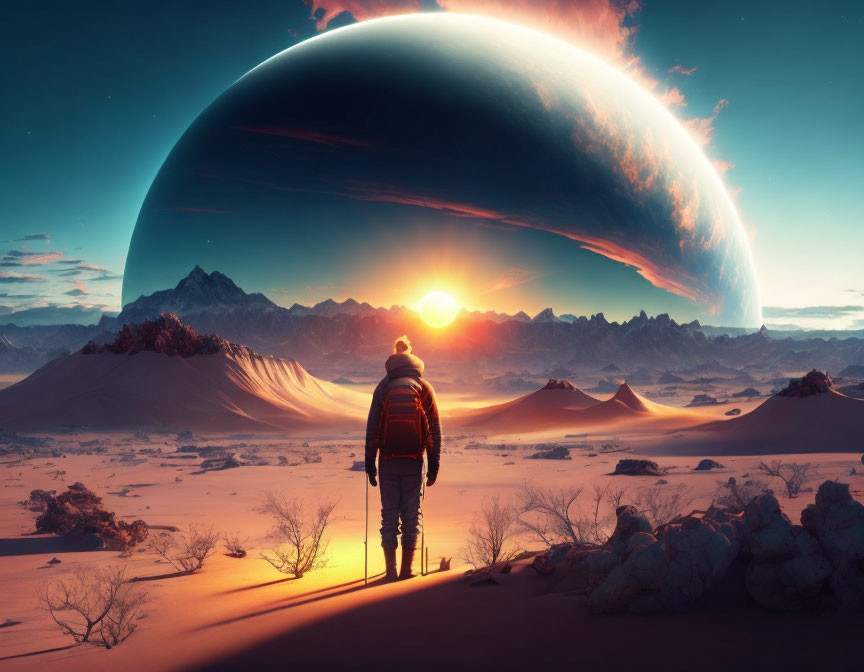 Person standing in desert at sunset with large planet overlooking rugged landscape.