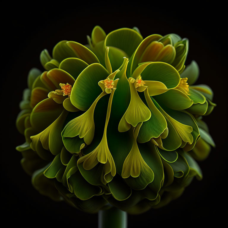 Green Flower with Layered Petals and Orange Pollen on Black Background