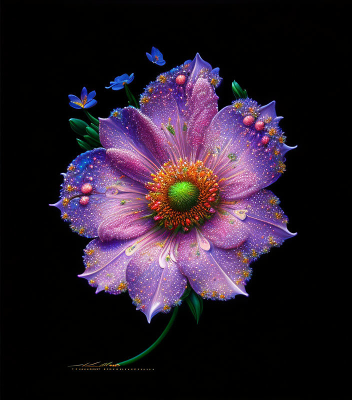 Vibrant purple flower with green center and blue butterflies on black background