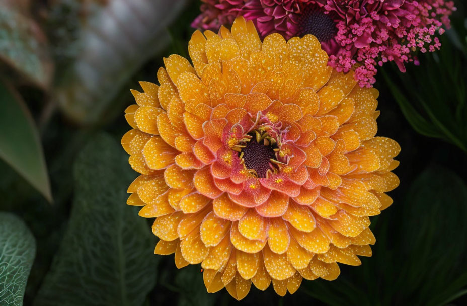 Vibrant dew-covered gerbera flower with green leaves and pink blossoms