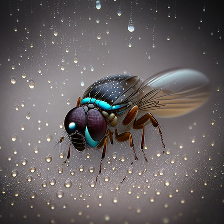 Detailed Illustration: Translucent-winged fly in raindrops on grey background