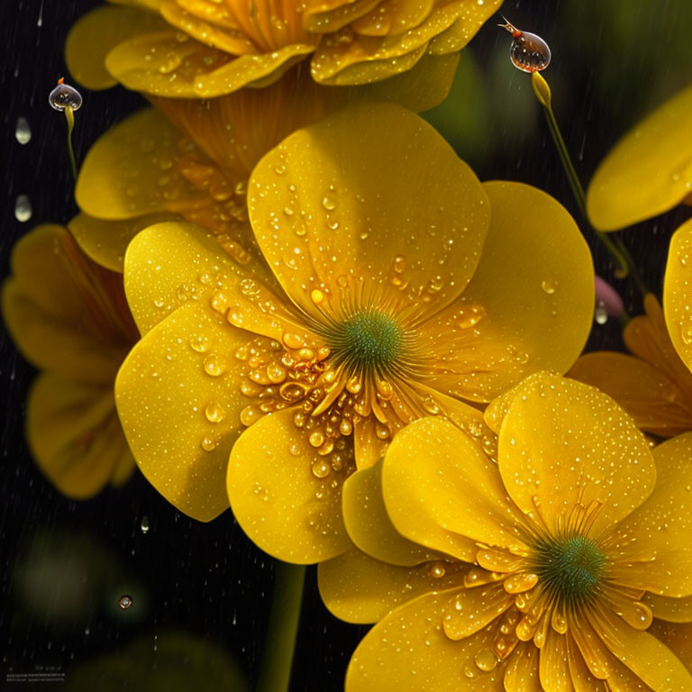 Bright Yellow Flowers with Dewdrops on Petals Against Dark Raindrop-Sprinkled Backdrop