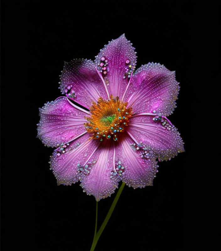 Purple cosmos flower with water droplets on black background