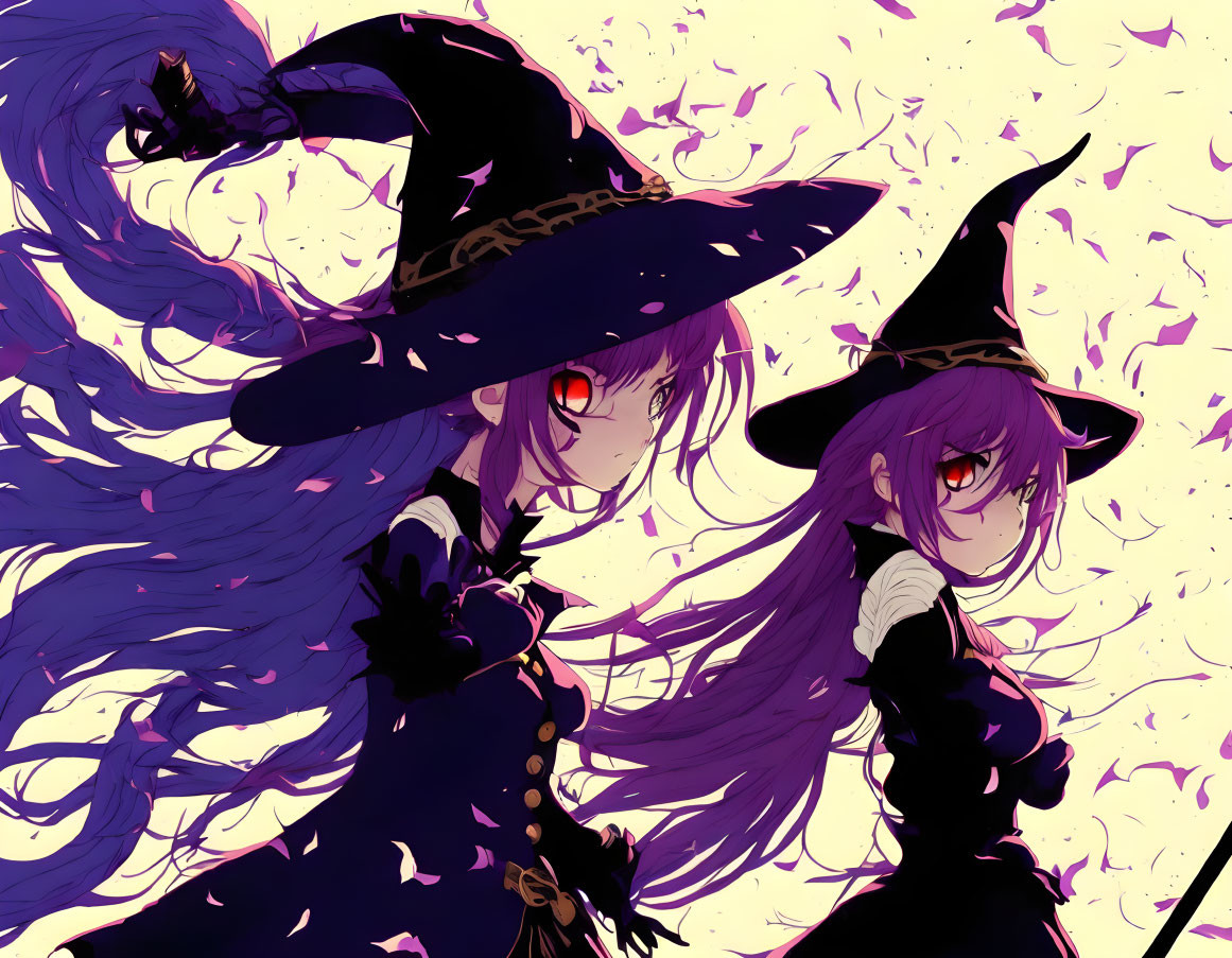 Two purple-haired witches in anime style on violet background with magical elements.