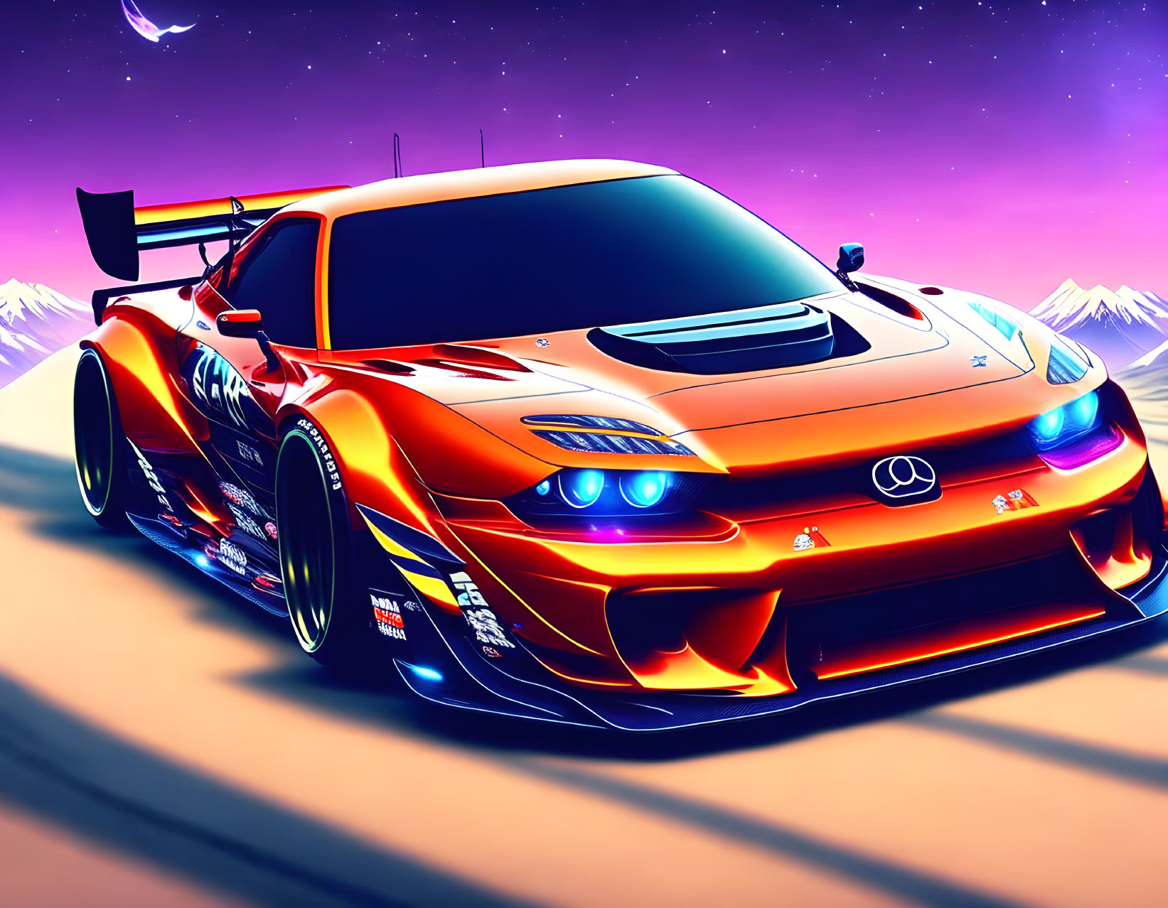 Customized sports car with orange wrap and neon lights on purple mountain sunset background