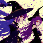 Two purple-haired witches in anime style on violet background with magical elements.